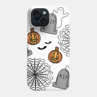 Cobwebs, Bats, Pumpkins, and Ghosts Halloween Doodle Pattern, made by EndlessEmporium Phone Case