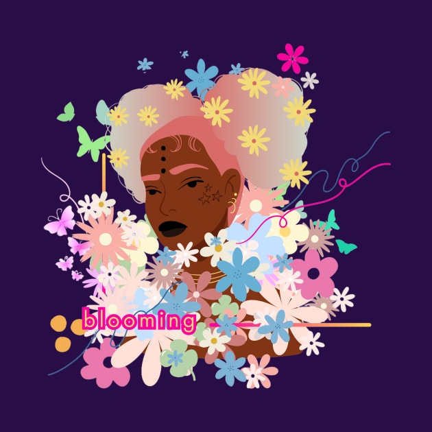 Blooming Floral Beauty: Whimsical Girl Surrounded by Flowers by Atieno