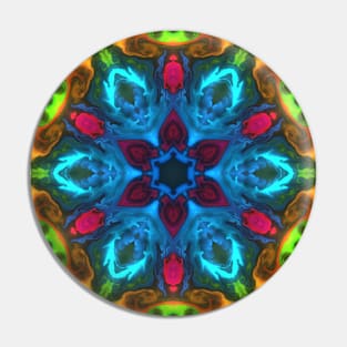 Psychedelic Kaleidoscope Flower Blue Pink Orange and Green Pin