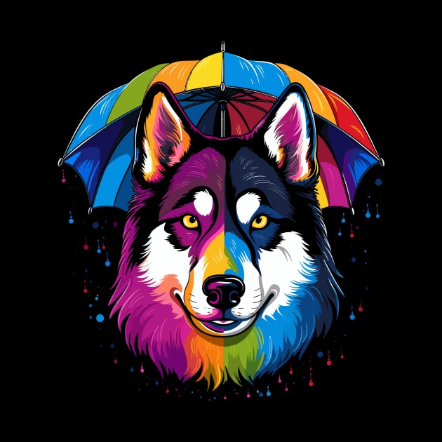 Siberian Husky Rainy Day With Umbrella by JH Mart