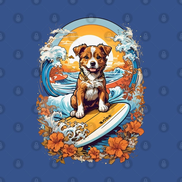 Cute Corgi puppy surfing at sunset retro vintage design by Neon City Bazaar