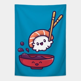 Cute Sushi With Soy Sauce Cartoon Vector Icon Illustration Tapestry