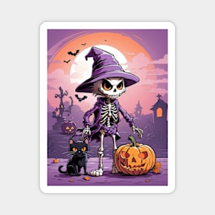 Well dressed Halloween skeleton with cat and pumpkin Magnet