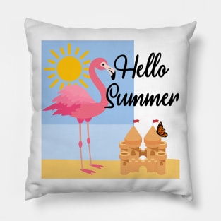 Hello Summer Pink Flamingo Design Pillow