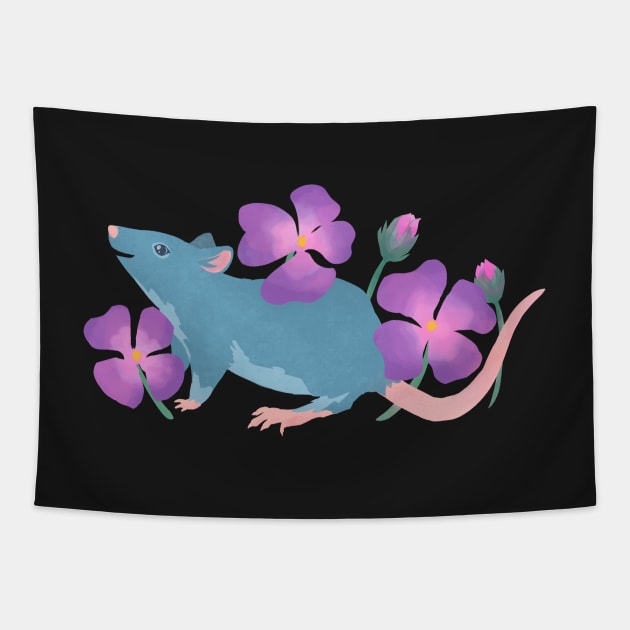 Blue Rat and Flowers Tapestry by Adrielle-art