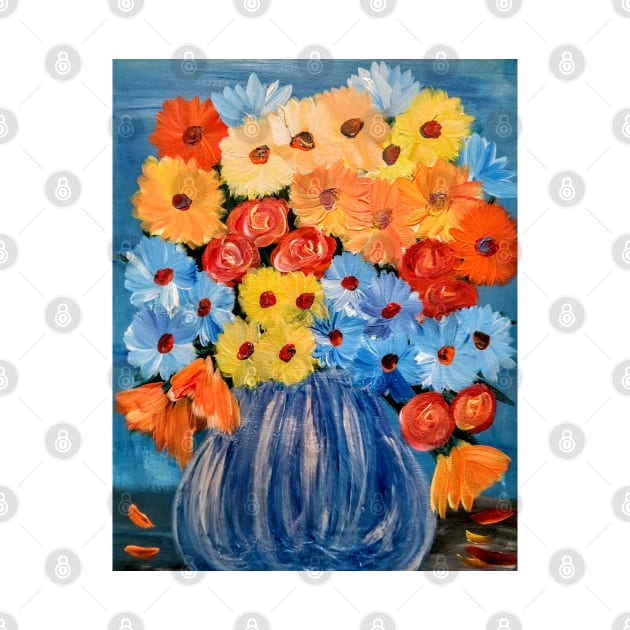 Some abstract vibrant colorful flowers in a glass vase with silver accent . by kkartwork