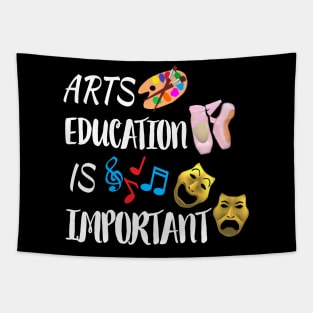 Arts Education Is Important Comedy and Tragedy Drama Masks with Artist Paint Palette, Ballet Shoes and Music Notes (Black Background) Tapestry