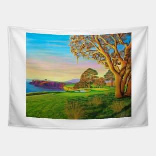 Colorful painting of the 6th hole at Pebble Beach Golf Course Tapestry