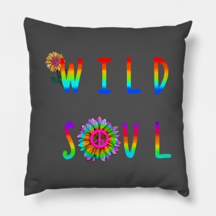 Wild soul hippie style print with sunflowers and peace symbol Pillow