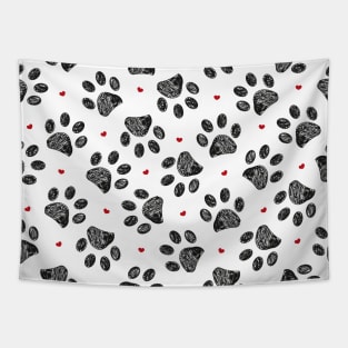 Black paw print with red hearts pattern Tapestry