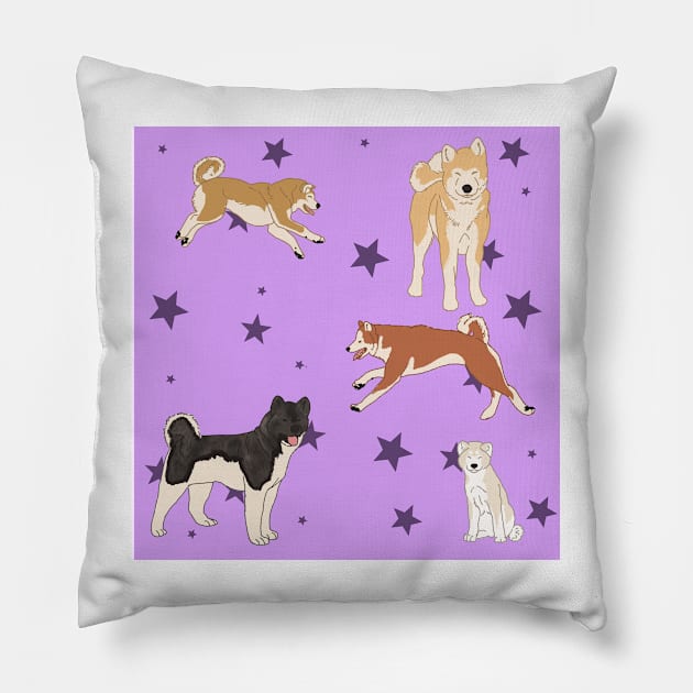 Purple Akitas and Stars Pillow by TrapperWeasel