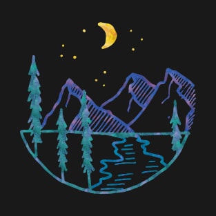 Nature outline art: Nighttime mountain scene in watercolors T-Shirt
