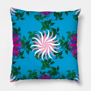 White and Pink, Cerise and Purple Flowers on a Vine Leaf and Vibrant Blue background Pillow