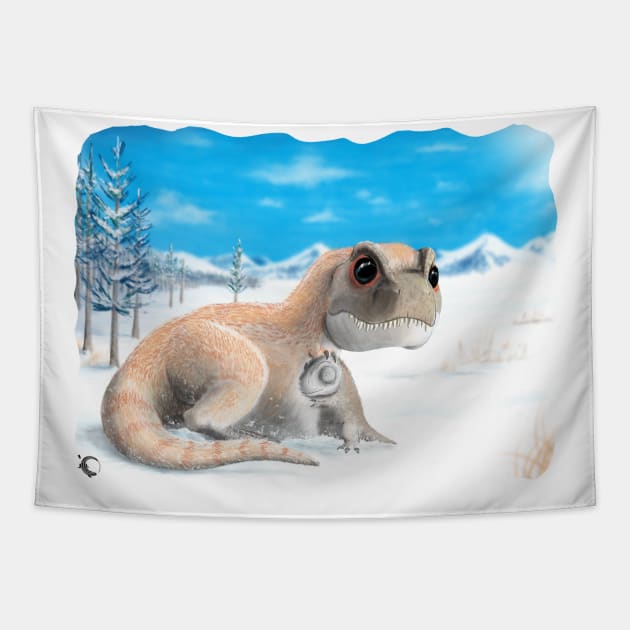 T-rex winter puppy hug Tapestry by Moo-SB