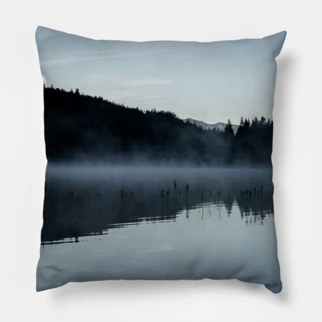 Misty Lake Silhouette. Amazing shot of the Ferchensee lake in Bavaria, Germany. Scenic foggy morning scenery at sunrise. Pillow by EviRadauscher