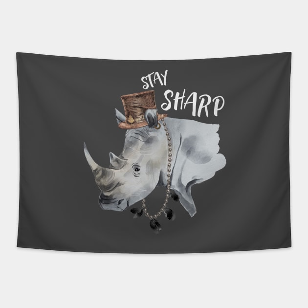 Stay Sharp Rhino Wearing Top Hat Tapestry by kansaikate