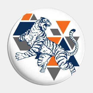 Retro 80s Orange and Navy Tiger on the Attack // Vintage Geometric Shapes Background Pin