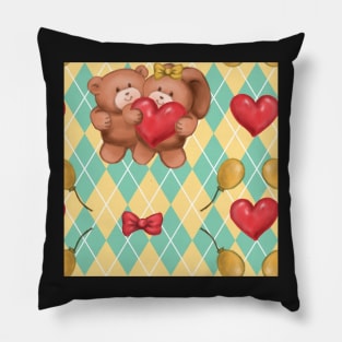 Teddy and Bunny lovely yellow blue chech Pillow