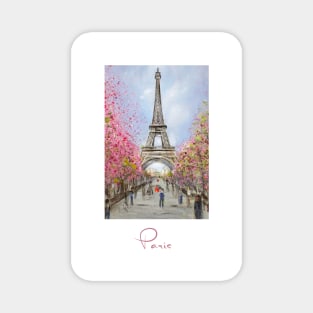 Painting of the Eiffel Tower in Paris in spring with cherry blossoms Magnet