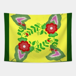 Caladium Leaves with Red Flowers Tapestry