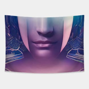 Girl face in futuristic cyberpunk style in neon colors Tapestry