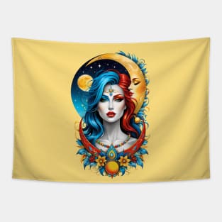 Celestial Harmony: Woman in Sun and Moon Fusion Tapestry