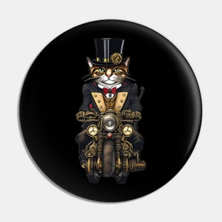 Cool Steampunk Feline in Top Hat and Gear Riding Motorcycle Pin