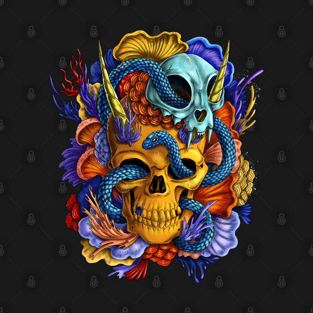 Discover Tequila's Revenge: Yellow Skull with Blue Snake and Cat Skull - Skulls Art - T-Shirt