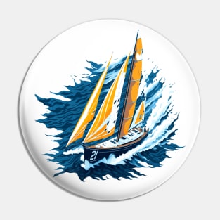 Racing sailing boat sailing on the sea, with blue and yellow ochre tones Pin