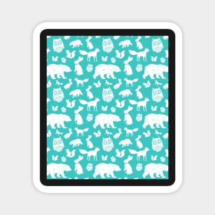 Turquoise Teal Blue Forest Animals Pattern Fox Bear Owl Magnet