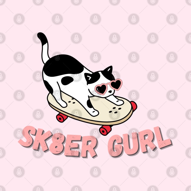 Black and White Cat on a Skateboard - Silly Sk8r Gurl Design by Flourescent Flamingo