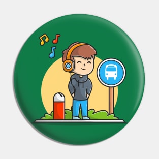 Happy Boy Listening Music with Heaphone and Waiting The Bus in Halte Cartoon Vector Icon Illustration Pin