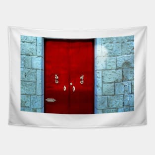 Red wooden door with golden vintage knockers Tapestry