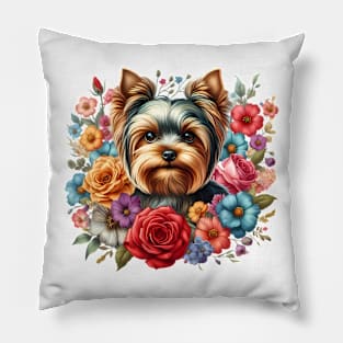 A yorkshire terrier with beautiful colorful flowers Pillow