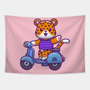 Cute Cheetah Tiger Riding Scooter And Waving Hand Cartoon Tapestry