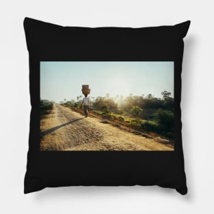 Woman Carrying Baskets on Head Walking in Burmese Countryside in Early Morning Pillow