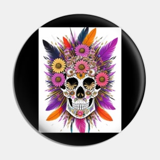 skull with flower and feathers Pin