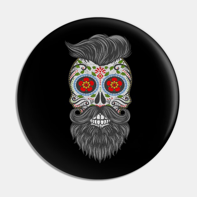 Gothic Day Of The Dead - Stars Sugar Skull - Hipster With Beard 2 Pin by EDDArt