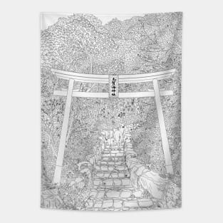 Secret path to the sacred forest - Line Art Tapestry