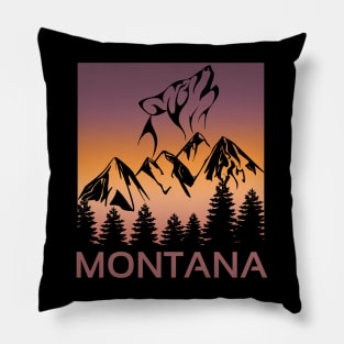 Montana Sunset Wolf Howling at The Moon Trees and Mountains Pillow