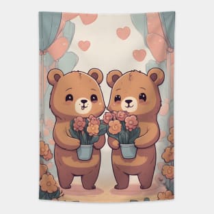 Cute Kawaii Bears with Flowers Tapestry