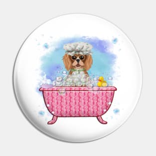 Ruby Cavalier King Charles Spaniel in a Bath Tub Pin