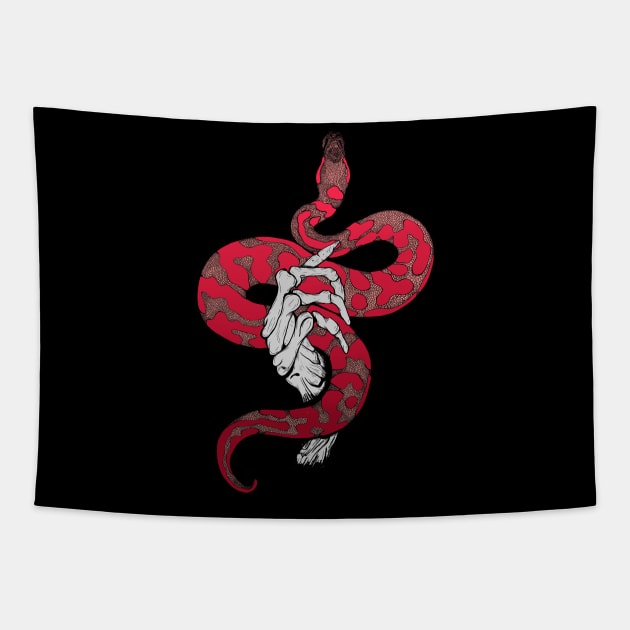Red snake in skeleton hand Tapestry by Jess Adams