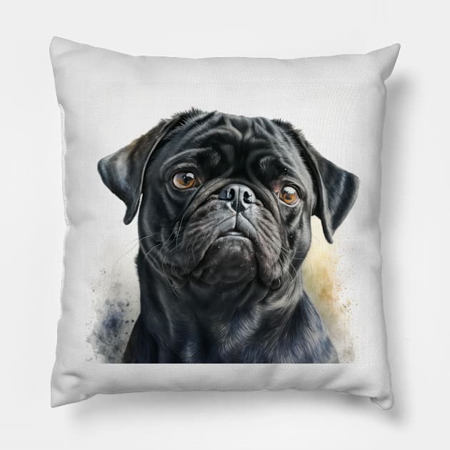 Black Pug Watercolour Style Painting Pillow by TheArtfulAI