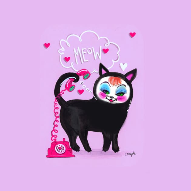 Sassy Cat Black Kitty MEOW with Hearts by Magenta Arts