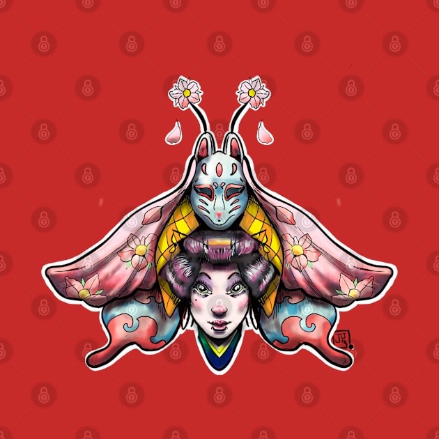 Geisha and kitsune mask moth by Jub 