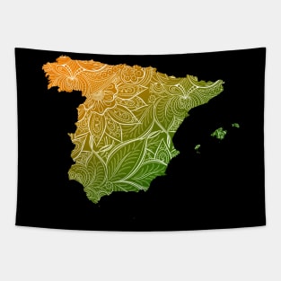 Colorful mandala art map of Spain with text in green and orange Tapestry