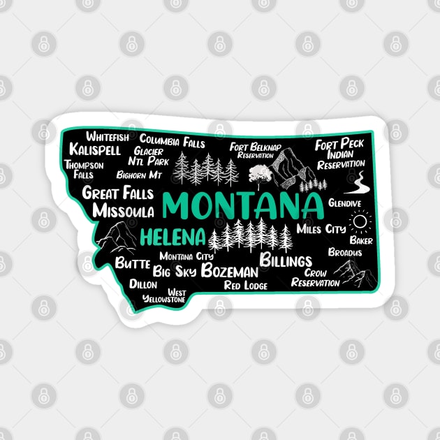 Cute map of Montana, Helena, Missoula, Great Falls, Butte, Bozemian, Billings, Kalispell, Big Sky Magnet by BoogieCreates