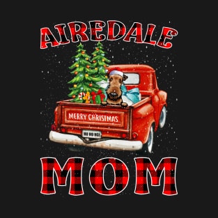 Christmas Airedale Mom Santa Hat Truck Tree Plaid Dog Mom Christmas T-Shirt