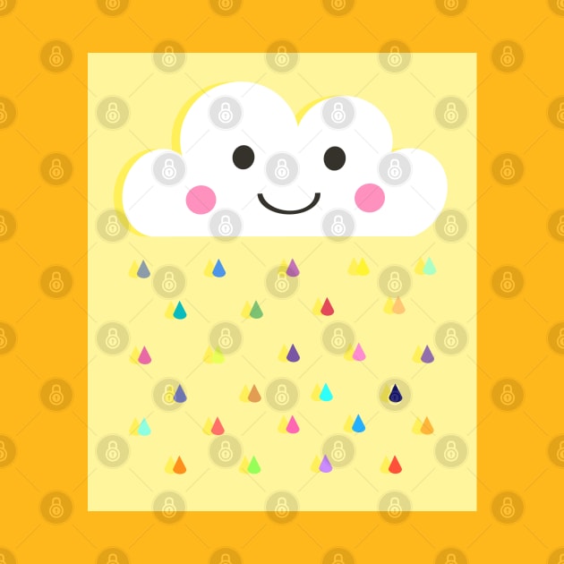 Rainbow Raindrops, Happy Rain Cloud, on Yellow by OneThreeSix